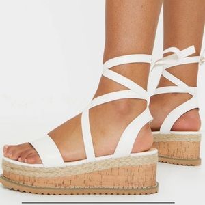 White leather lace up sandals